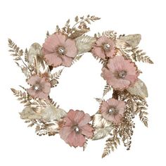 a wreath with pink flowers and leaves