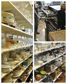 the shelves are filled with dishes and glasses