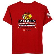 Our Bass Pro Shops\u00ae US Open Short-Sleeve T-Shirt for Kids makes a perfect choice for future stars learning sports and the Great Outdoors. This Bass Pro kids' shirt sports an unmistakable leaping-bass logo on the back along with US Open National Bass Fishing Amateur Team Championship. An additional BPS logo on the left chest and flag on the sleeve give extra style points. 100% cotton solid colors, 90% cotton/10% polyester heathered. Machine wash. Imported. \u000a \u000a 100% cotton solid col Red Cotton T-shirt With Team Name, Red Cotton Team Shirt, Red Pre-shrunk Sports T-shirt, Pre-shrunk Red T-shirt For Sports, Red Pre-shrunk T-shirt For Sports, Red Sports T-shirt, Red Short Sleeve Tops With Team Name, Red Short Sleeve Shirt For Sports Events, Red Pre-shrunk T-shirt For Sports Events