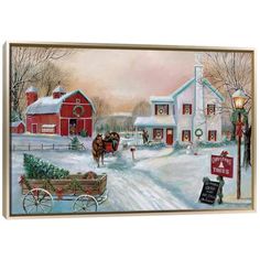 a painting of a horse drawn carriage in the snow near a red barn and white house