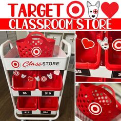 the target classroom store has red and white baskets with hearts on them, along with an image of a dog's head