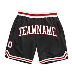 Custom Black White-Red Authentic Throwback Basketball Shorts Basketball Team Spirit Shorts For Sports Season, Basketball Team Spirit Shorts, Collegiate Short Athletic Shorts For Basketball, Collegiate Style Basketball Athletic Shorts, Collegiate Athletic Shorts With Team Name For Sports Events, Team-colored Athletic Shorts For Basketball Season, Collegiate Athletic Shorts For Sports Events With Team Name, Collegiate Style Basketball Shorts, Team-colored Basketball Shorts