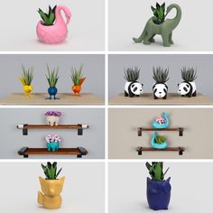 four different vases with plants and animals in them