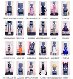 many different types of mannequins are shown in this image, with the names below them