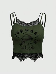 Mushroom Print Contrast Lace Cami Top Army Green Casual   Rib knit Graphic Cami Medium Stretch  Women Clothing, size features are:Bust: ,Length: ,Sleeve Length: Cheap Y2k Style Tops With Heart Print, Womens Tank Tops Shein, Cheap Black Crop Top With Spaghetti Straps, Cheap Y2k Party Tops, Cute Goth Shirts & Tops, Cheap Y2k Anime Print Tops, Cheap Y2k Tank Top For Club, Cheap Y2k Purple Tops, Cheap Black Kpop Tops