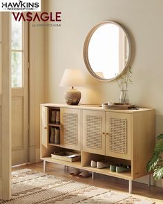 a room with a large mirror and a wooden cabinet on the floor next to a rug