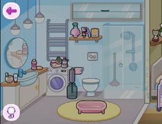 a cartoon bathroom with pink furniture and accessories