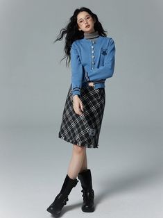 The price is for a skirt only, others are not included.  Garment Size   	 		 			Size 			S 			M 			L 			XL 		 		 			Full Length 			50 			51 			52 			53 		 		 			Waist 			64 			68 			72 			76 		 		 			Hips 			88 			92 			96 			100 		 		 			Hem Circumference 			102 			106 			110 			114 How To Style Plaid Skirt Outfit, Preppy School Outfits, Plaid Aesthetic, Ravenclaw Outfit, Blue And White Outfits, Pick Outfits, School Wear, Plaid Outfits