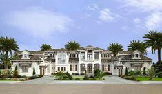 this is an artist's rendering of a luxury home with palm trees and landscaping