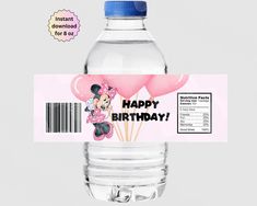 a bottle of water with a minnie mouse birthday tag on the front and back of it