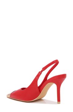 A golden-tipped pointed toe adds glamour to this sleek, slingback pump elevated by a slim, stiletto heel. 3" heel Synthetic upper, lining and sole Imported Red Fitted Slingback Pumps With Heel Strap, Red Fitted Slingback Pumps With Pointed Toe, Red Fitted Slingback Pumps For Spring, Red Fitted Slingback Heels, Fitted Red Slingback Heels, Red Fitted Slingback Pumps For Party, Red Slingback Pumps With Sculpted Heel For Party, Slingback Pump, Stiletto Heel