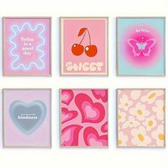 four square paintings with hearts, flowers and cherries on them in different shades of pink