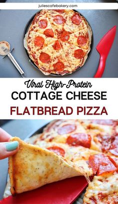 two pictures with different types of pizza on them and the words cottage cheese flatbread pizza