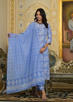 Grab this beautiful 3-piece set. The set comes with printed & embroidered kurta has round neck; 3/4th sleeves & calf length teamed with matching trouser pant and a chanderi cotton dupatta. Color - Blue Kurta Fabric-Viscose Pant Fabric-Viscose Dupatta Fabric - Chanderi Cotton Neck-Round Neck Sleeves-3/4th Sleeves Work - Print & Embroidery Detailing Washing Instructions-Dry Clean Model Height - 5.5 wearing size small. DISCLAIMER - The color of the product may be differ due to screen settings of device. A misprint here and a color drop slip there is the beauty of printing which is not treated as a defect. Traditional Embroidered Sets With 3/4 Sleeve, Festive Kurta With Printed Motifs And 3/4 Sleeves, Festive Kurta With 3/4 Sleeves And Printed Motifs, Festive 3/4 Sleeve Kurta With Printed Motifs, Eid Block Print Straight Kurta Set, Traditional Festive Set With 3/4 Sleeves, Festive 3/4 Sleeve Sets, Semi-stitched Block Print Straight Kurta Sets, Anarkali Pant Set With Printed Motifs And Straight Kurta