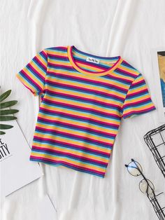 New T Shirt Women Rainbow Striped Tops Slim Fit t shirt Harajuku Tshirt Summer Short Sleeve Korean Punk Crop Top, Striped Tops, Rainbow Top, Clothes Tops, Stripe Outfits, Mode Casual, Striped Sleeve, Striped Crop Top, Moda Vintage