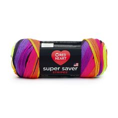 red heart super saver yarn in multicolors on a white background with a black tag