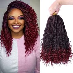 PRICES MAY VARY. Our Boho Goddess Box Braid Crochet Hair are 100% Handmade Crochet Braids, pre-looped and High Quality Fiber.Crochet Box Braids with curly ends Made with high quality flame-retardant low temperature synthetic fiber. Package:16 Stands/Pack,8 Packs/Lot.Length:12 Inch,Weight:about 70g/Pack. Advantages: Box Braids Crochet Hair is Smooth, Soft, Durable, Natural Texture, Very Comfortable when you are Wearing. Long Crochet Box Braid Hair For Girls, Kids ,Women .Different colors availabl Red Box Braids With Curly Ends, Shoulder Length Box Braids Curly Ends, Maroon Braids With Curls, Burgundy Boho Braids, Red Crotchet Hair, Crochet Curly Hair Red, Shoulder Length Box Braids, Big Twist Braids Hairstyles, Pre Looped Crochet Hair