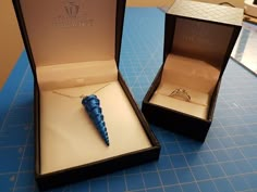 an open box with a ring inside it and a small blue object in the middle