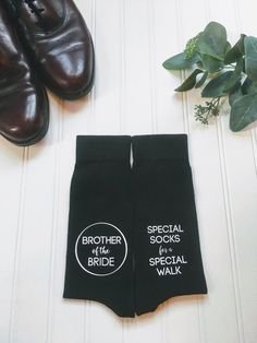 two pairs of socks that say, brother of the bride and special walk