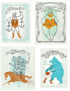 four different colored drawings of people and animals in various poses, with one man on a horse