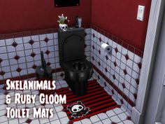 there is a bathroom with red walls and white tiles on the floor, along with a black toilet