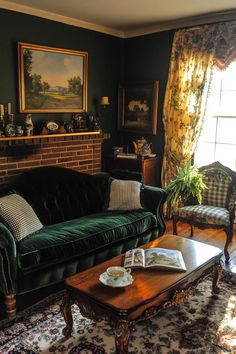 Elegant English country decor with velvet sofa toile armchair and layered textures in warm golden light Grantchester Aesthetic, English Country Home Exterior, Scottish Interior, Old English Cottage Interiors, English Apartment, English Country House Decor, English Interior Design, Country Home Exterior, English Country Home