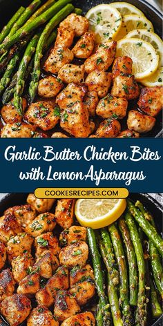 grilled chicken bites with lemon and asparagus in a skillet