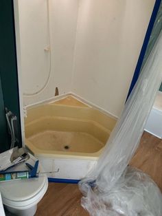 a bathroom with a toilet and bathtub in the process of remodeling