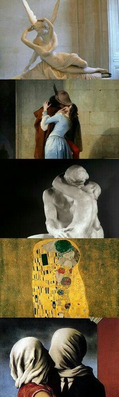 four different paintings with one woman hugging the other