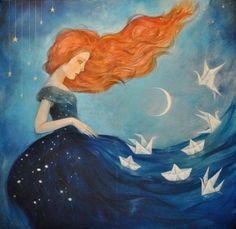 a painting of a woman with long red hair and flying paper cranes in the sky