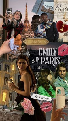 the collage shows people in paris, including two women and one man holding an umbrella