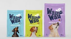 three bags of wawe waw dog treats on a white background, one is brown and the other is blue