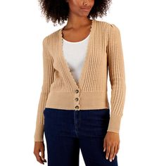 Charter Club Adds Sophisticated Style To Your Wardrobe With This Open-Knit Cardigan Sweater, Featuring A Scalloped Trim At The Neckline. Approx. Model Height Is 5'10" And She Is Wearing A Size Medium Fitted: Approx. 21" Long Due To Generous Sizing, We Suggest Sizing Down For The Perfect Fit V-Neck; Triple-Button Closures At Hem; Ribbed Hem And Cuffs Scalloped Trim At Neckline; Open-Knit Detail Throughout Cotton/Acrylic Machine Washable Imported Elegant V-neck Knitted Cardigan, Elegant Beige Textured Knit Cardigan, Chic V-neck Pointelle Knit Cardigan, Fitted Beige Textured Knit Cardigan, Spring Fitted Textured Knit Cardigan, Fitted Textured Knit V-neck Cardigan, Spring Textured Knit Fitted Cardigan, Fitted V-neck Cardigan With Textured Knit, Elegant V-neck Cardigan With Textured Knit