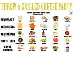 a poster showing how to throw a grilled cheese party with pictures and text below