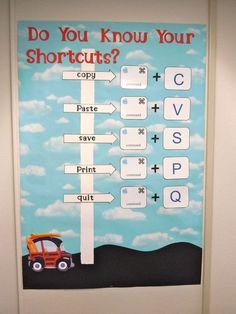 a poster on the wall that says do you know your shortcuts? and an orange truck