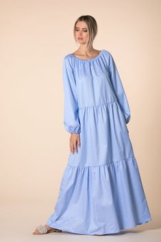 Sky Blue Dress, Blue Maxi Dress, Sky Blue Maternity Dress, Loose Maxi Dress, Boho Dress, Ruffle Dress, Long Sleeve Dress, Plus Size Dress 🍒 This beautiful Sky Blue maxi dress is cut in lovely soft summer poplin fabric which makes its look unique, elegant and stylish. The maxi frame gives the dress the comfy fit we all need. Cut for an oversized fit, it drapes from the shoulders and moves elegantly as you walk. This long sleeve dress is a nice choice for plus size clothing and maternity dress! E Ruffle Dress Long Sleeve, Sky Blue Maxi Dress, Long Sleeve Dress Plus Size, Beach Kaftan Dress, Short Midi Dress, Ruffle Dress Long, Blue Maternity Dress, Maxi Dress Boho, Sky Blue Dress