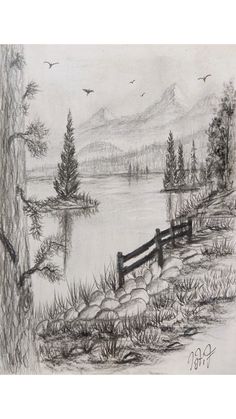 a pencil drawing of a lake and fence