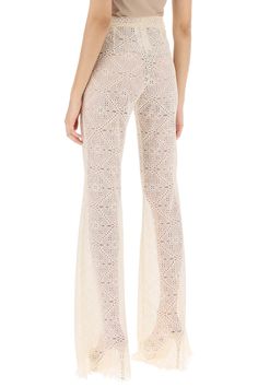 100% Polyester | Dsquared2 Women's Pants With Embroidery in White | SS23 Pants With Embroidery, Lace Pants, Latest Fashion Design, Ivory Lace, Metallic Logo, Victoria Beckham, Luxury Boutique, Women's Pants, Versace