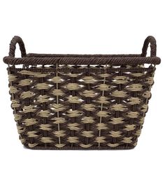 a brown basket with handles and braiding