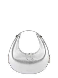 Introducing the stylish Silver Laminated Leather Shoulder Bag with an engraved logo by OSOI. This shoulder bag features a zip closure, metal detailed handle, internal pocket, and lining. Crafted from high-quality leather, this bag offers a width of 8.27 inches, height of 4.33 inches, and depth of 2.36 inches. Perfect for women, this shoulder bag falls under the category of Women > Bags > Shoulder Bag. Upgrade your style with this ONESIZE, Custom size range bag. Metallic Leather Bag, Crescent Bag, Silver Handbag, Bag Silver, Sharp Objects, Silver Engraving, Engraved Logo, Chic Handbags, Mini Shoulder Bag