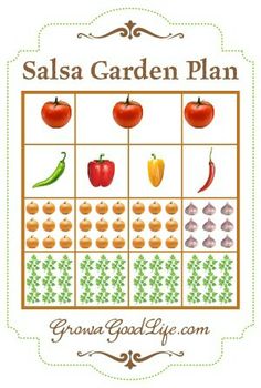 the salsa garden plan is shown with peppers, tomatoes and peppers on it's board