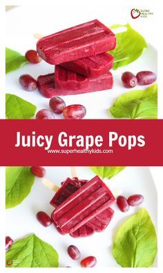 grape pops on a white plate with leaves and berries around it, text overlay reads juicy grape pops