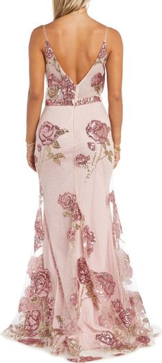 Morgan & Co. Floral Sequin Gown | Nordstrom Floral Mermaid Dress, Pink Glitter Dress, Ethereal Dresses, Open Back Gown, Corsets Vintage, Gown Gold, One Shoulder Gown, Floral Gown, Column Gown