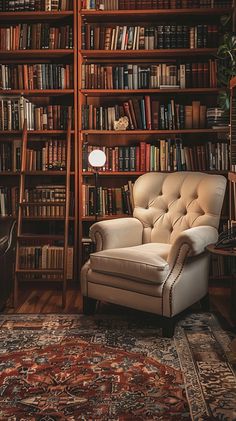 a chair sitting in front of a book shelf filled with lots of books on top of a rug