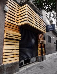 a building with wooden slats on the side