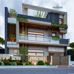 an architectural rendering of a modern building with balconies and plants on the balcony