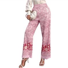 Nwt Zara Paisley Print Wide Leg Linen Blend Pants Beautiful Light Pink And Red Paisley Print Pants. Elastic Waist, Side Pockets, Faux Back Pockets, Wide Leg. New With Tags B1 Elegant High Waist Floral Print Bottoms, Feminine Floral Print Wide-leg Bottoms, Feminine Floral Print Wide Leg Bottoms, Chic Red Floral Print Bottoms, Elegant Non-stretch Pink Pants, Pink Floral Print Straight Pants, Pink Floral Print Pants, Elegant Pink Pants With Elastic Waistband, Feminine Wide Leg Pants For Loungewear