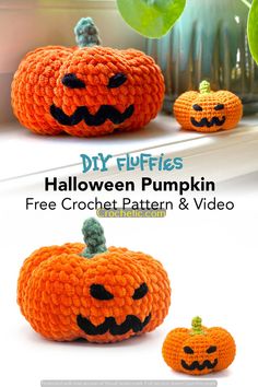 crocheted pumpkins with faces on them and text that reads diy puffies halloween pumpkin free crochet pattern & video