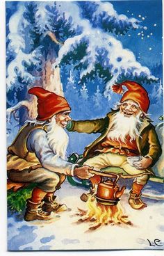 two gnomes sitting around a campfire in the snow, one holding a bottle