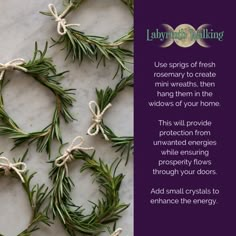 rosemary wreaths tied up with twine and rope on marble counter top, captioned by ladybird walking